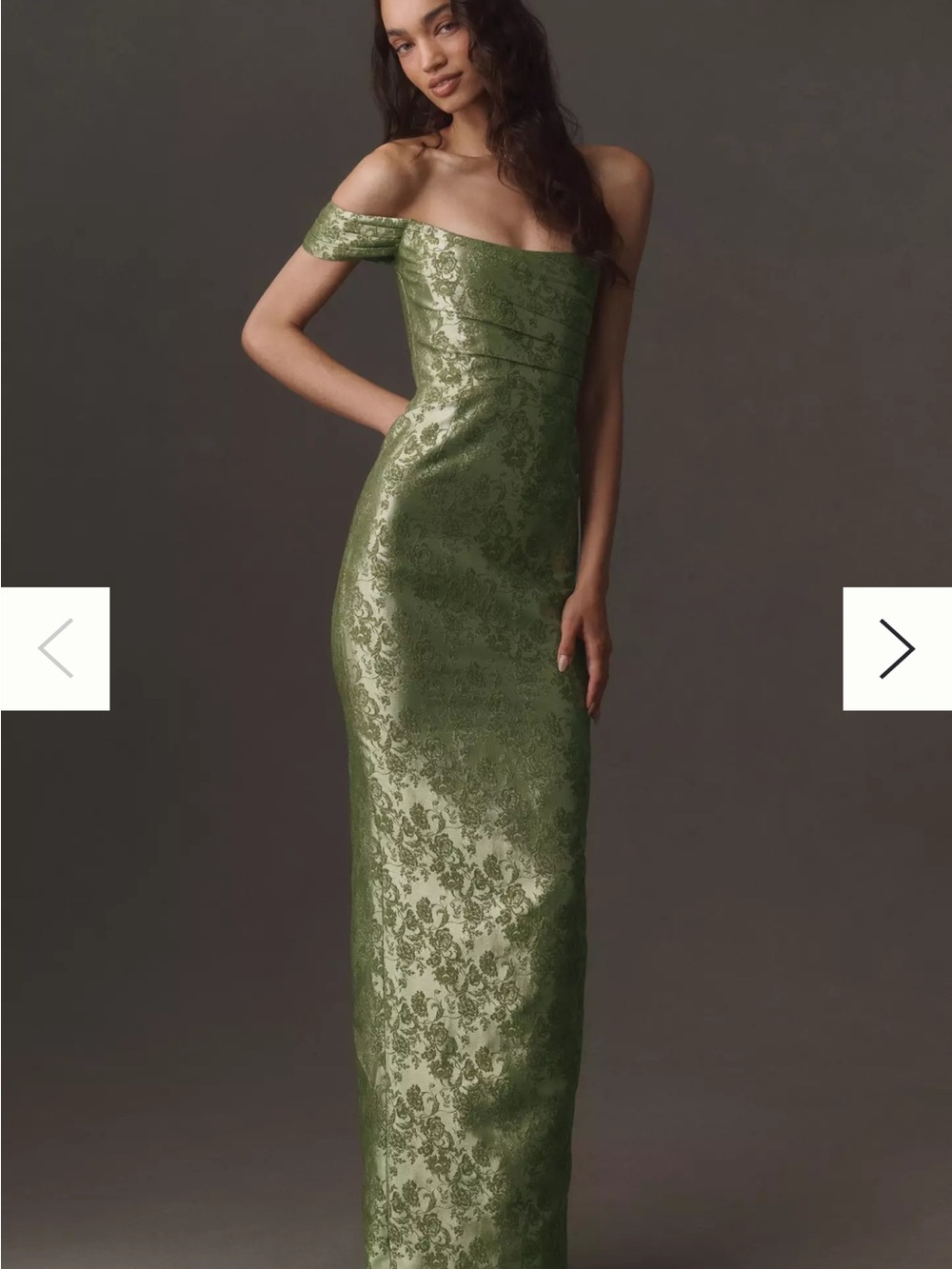 Sau Lee Off-Shoulder Green Jacquard Evening Gown